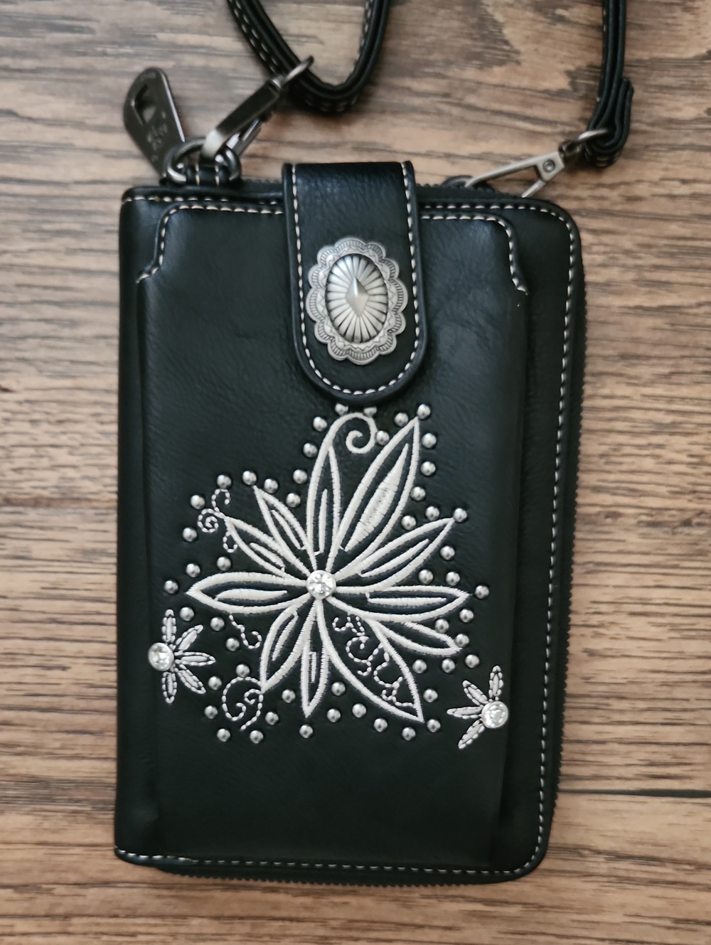 Black Embroidered Crossbody Wallet Bag with Silver Accents - Picture 1 of 6